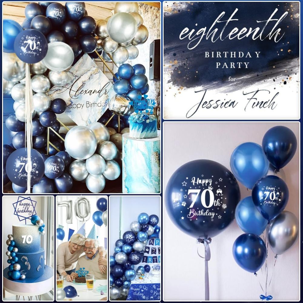 70th Birthday Party Decorations Men,Royal Blue Balloon Arch Kit with Happy Birthday Banner,Cake Topper,Tablecloth,Foil Confetti Balloon,Large Number 70 Balloon,Chrome Blue Silver Balloons - Image 4