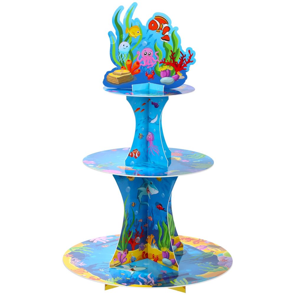 3 Tiers Under the Sea Cardboard Cupcake Stand Ocean Birthday Party Decorations Dessert Cupcake Stand Holder for Sea Creature Shark Party Tropic Fish Beach Party Baby Shower Supplies