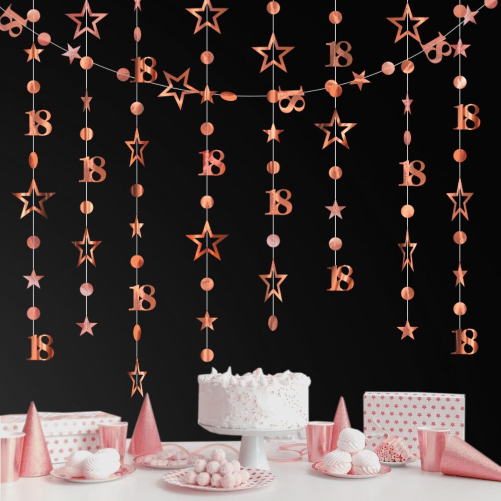 18th Birthday Decorations Hanging Swirls Decorations Rose Gold Number 18 Circle Dots Star Garland Party Decorations Metallic Hanging Streamer Banner Shiny Hanging Swirls for Birthday Party Supplies - Image 5