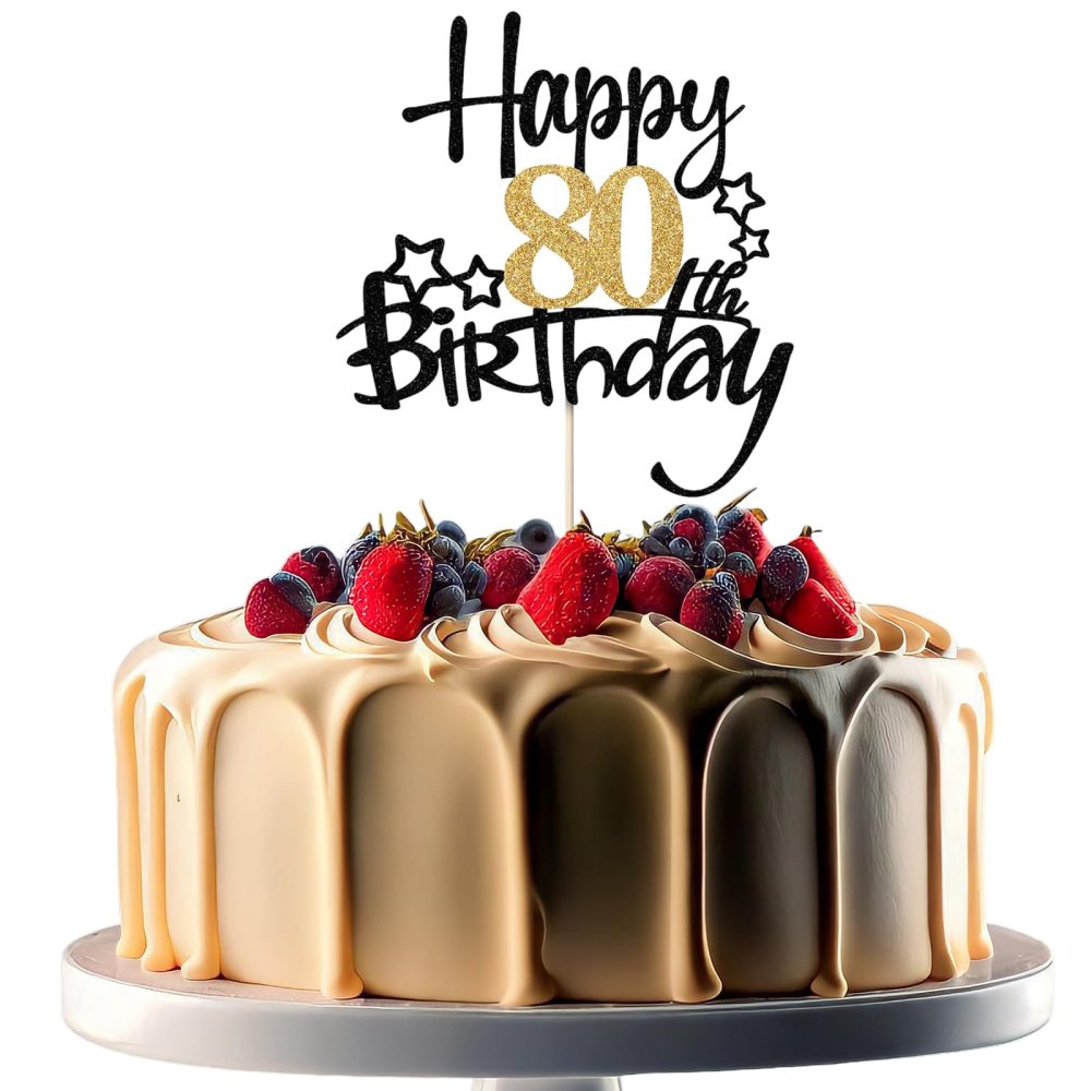 JEKUGOT 80th Birthday Cake Toppers, Black and Gold Glitter Cake Decorations, Happy 80th Birthday Cake Toppers for Men and women Themed Party (1pcs)
