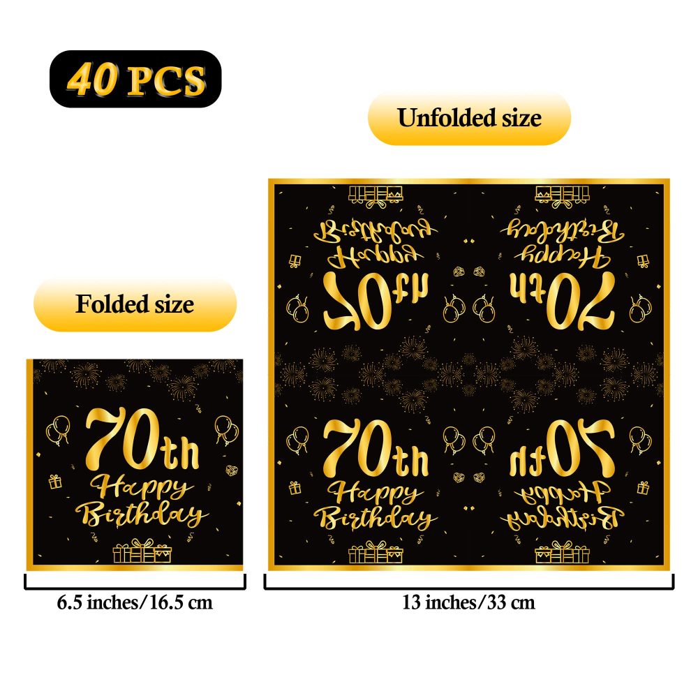 Topways Black Gold 70th Birthday Decorations Paper Napkins, 40pcs Disposable Paper Birthday Napkins Table Decoration for Women Men 70th Birthday Party (70th) - Image 5