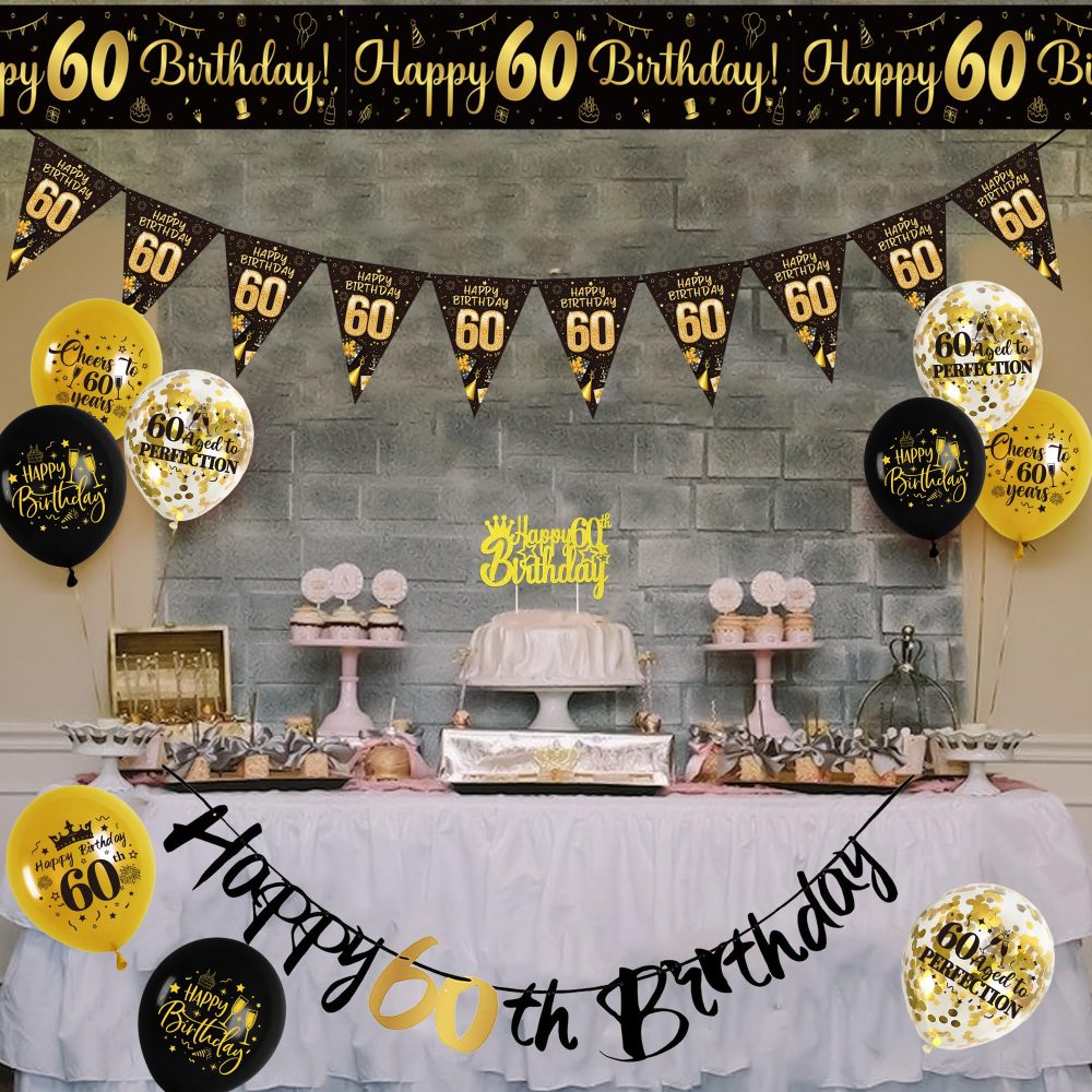 60th Birthday Decorations for Men - 44Pcs Black Gold Party Balloon Banner Decor Set 60th Birthday Yard Banners Confetti Latex Balloons Happy Birthday Cake Topper for Men 60 Years Old Party Supplies - Image 2