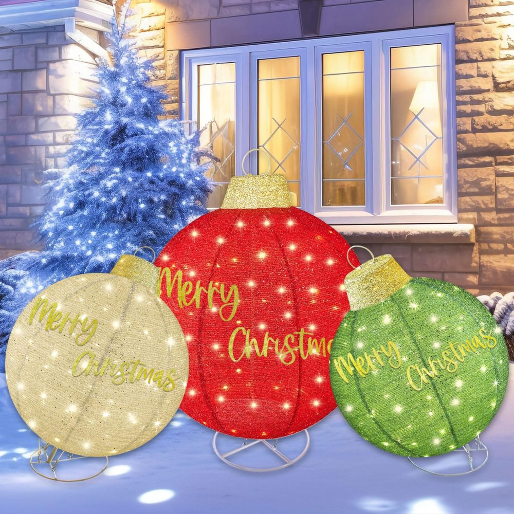 HOYECHI 3pc Lighted Pop-Up Outdoor Christmas Ornament Set – Holiday Ball Decorations with 290 LED Lights, 8 Lighting Modes, for Yard & Outdoor Christmas Decor - Red/Green/Gold - Image 2