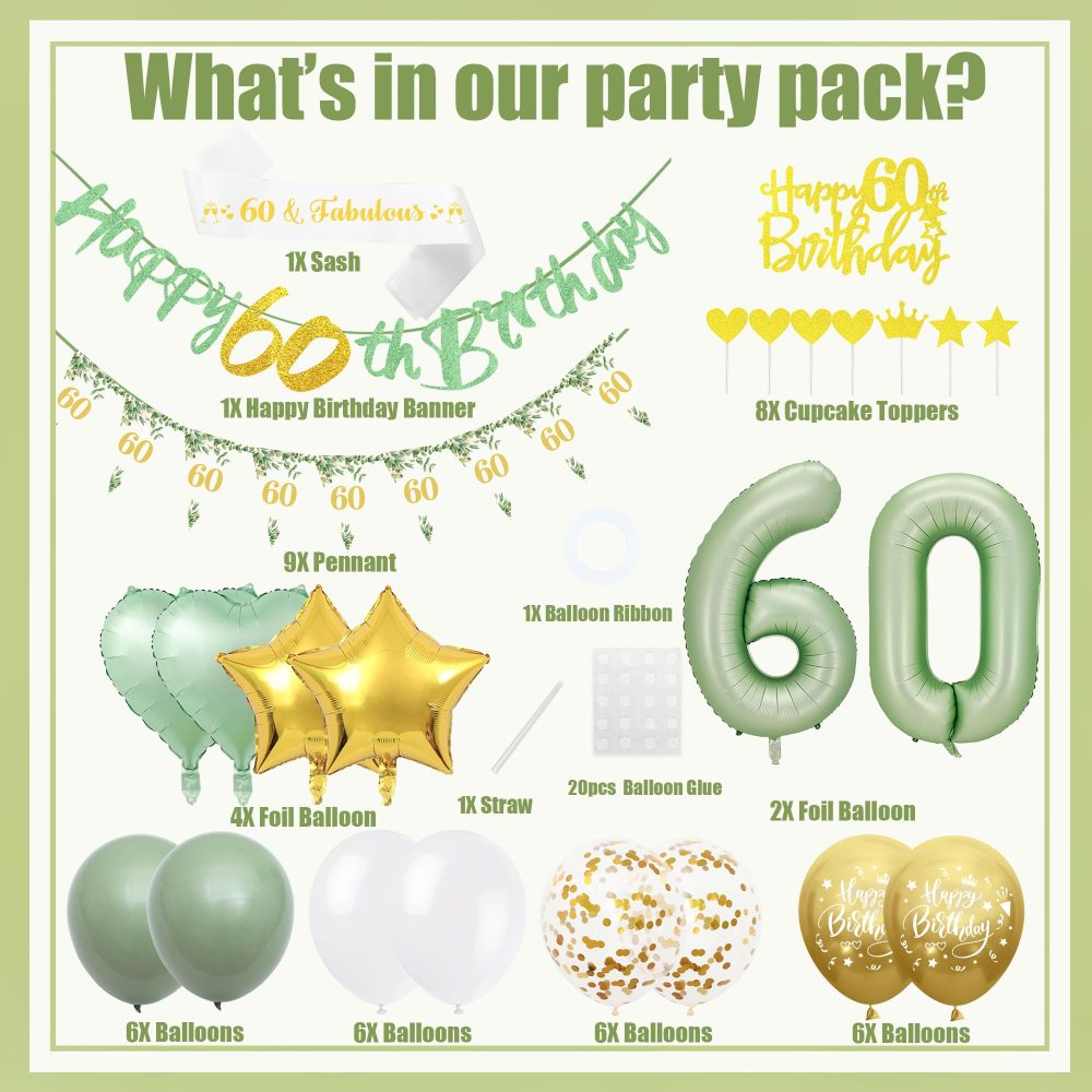 60th Birthday Decorations for Women - 49 Piece Green Gold 60th Birthday Balloons Set with Happy Birthday Banner, Confetti, Foil Balloon, Cake Topper, 60 Years Old Party Supplies for Women Men - Image 7