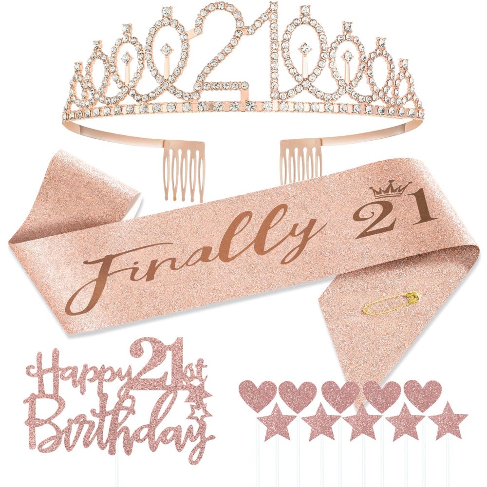Jonvell 21th Birthday Sash and Tiara Crown Rose Gold 21th Sash Rhinestone Tiara Crown Birthday Cake Topper for Women Girls 21th Birthday Gift Party Decorations Supplies