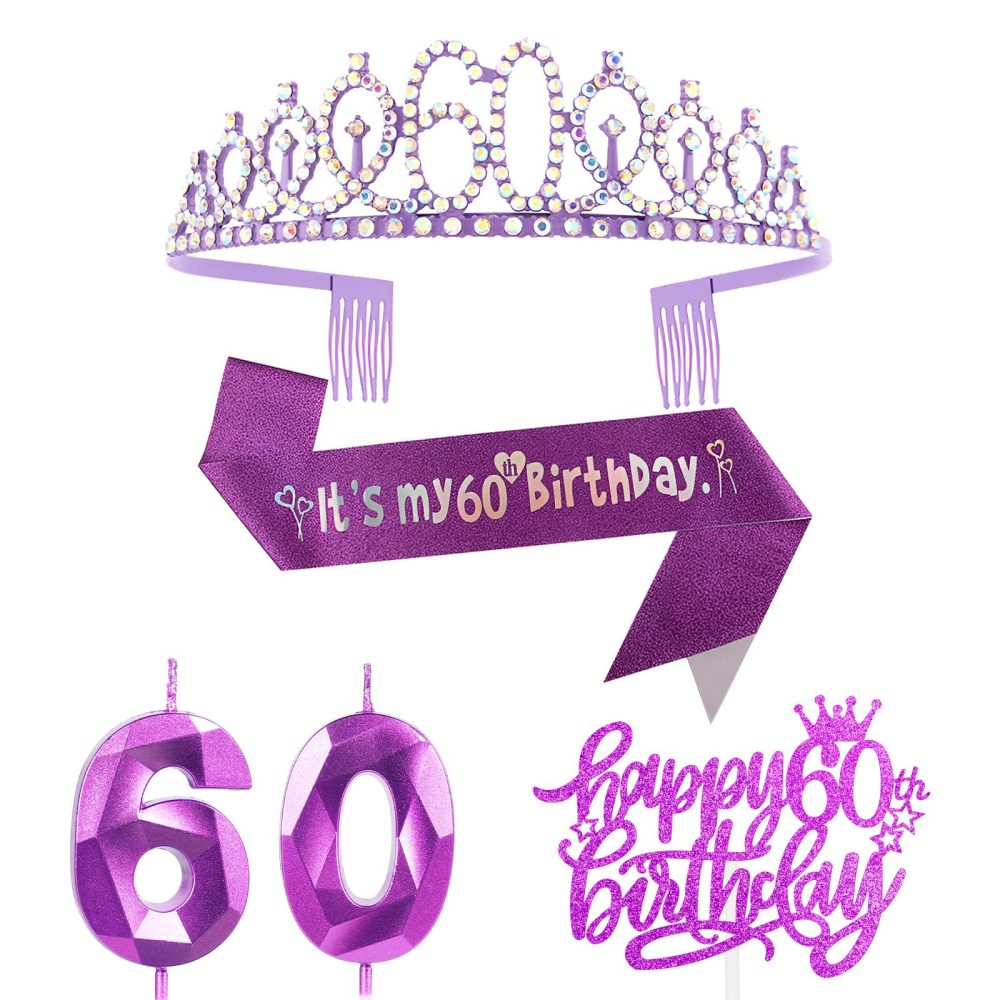 60th Birthday for Woman Decorations,Including Purple 60th Birthday Sash and Birthday Tiara Crown ,60th Birthday Candles Cake Topper Happy Birthday for 60 Year Old Her Gifts Party Supplies