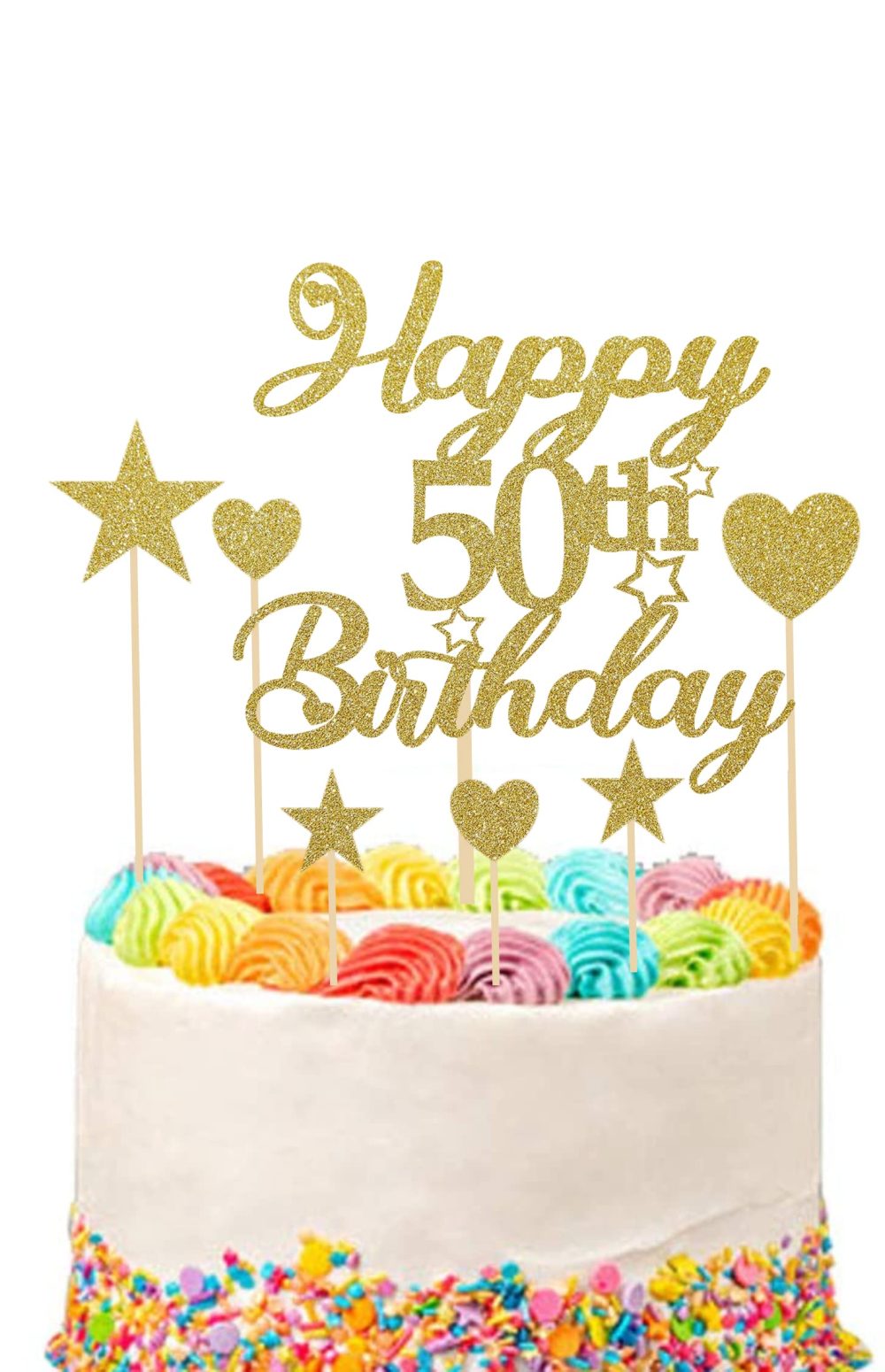 Mobile Stuff Happy 50th Birthday Cake Topper Set, 50th Birthday Cake Topper with Heart Star Cupcake Cake Topper Picks Glitter Cake Decoration for Birthday Party Cake Supplies - 9pcs (Gold)