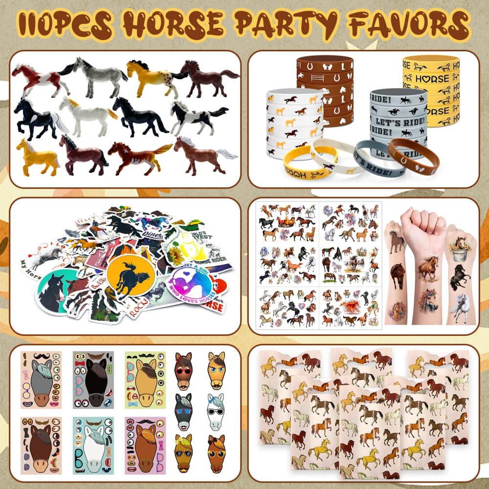 Moltby 110Pcs Horse Party Favors Supplies - Horse Birthday Party Supplies Include Mini Horse Toys Temporary Tattoos Silicone Bracelet DIY Stickers Gift Bags for Cowboy Cowgirl - Image 8