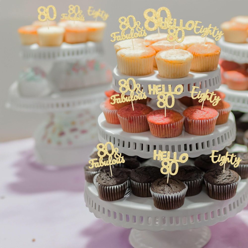 Gyufise 24Pcs 80th Birthday Cupcake Toppers Gold Glitter Hello 80 Cake Topper Eighty 80 & Fabulous Cupcake Picks 80th Birthday Cake Decorations Supplies - Image 2