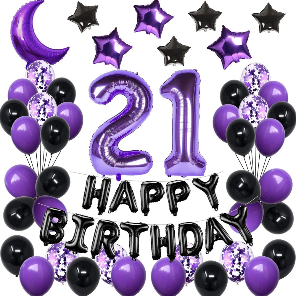NANINUNENO 21st Birthday Decorations Set for Girl Women Boy Men ,Purple Black 21 Happy Birthday Balloons Supplies with Purple Number Balloons 21 Happy Birthday Banner and Moon Balloons