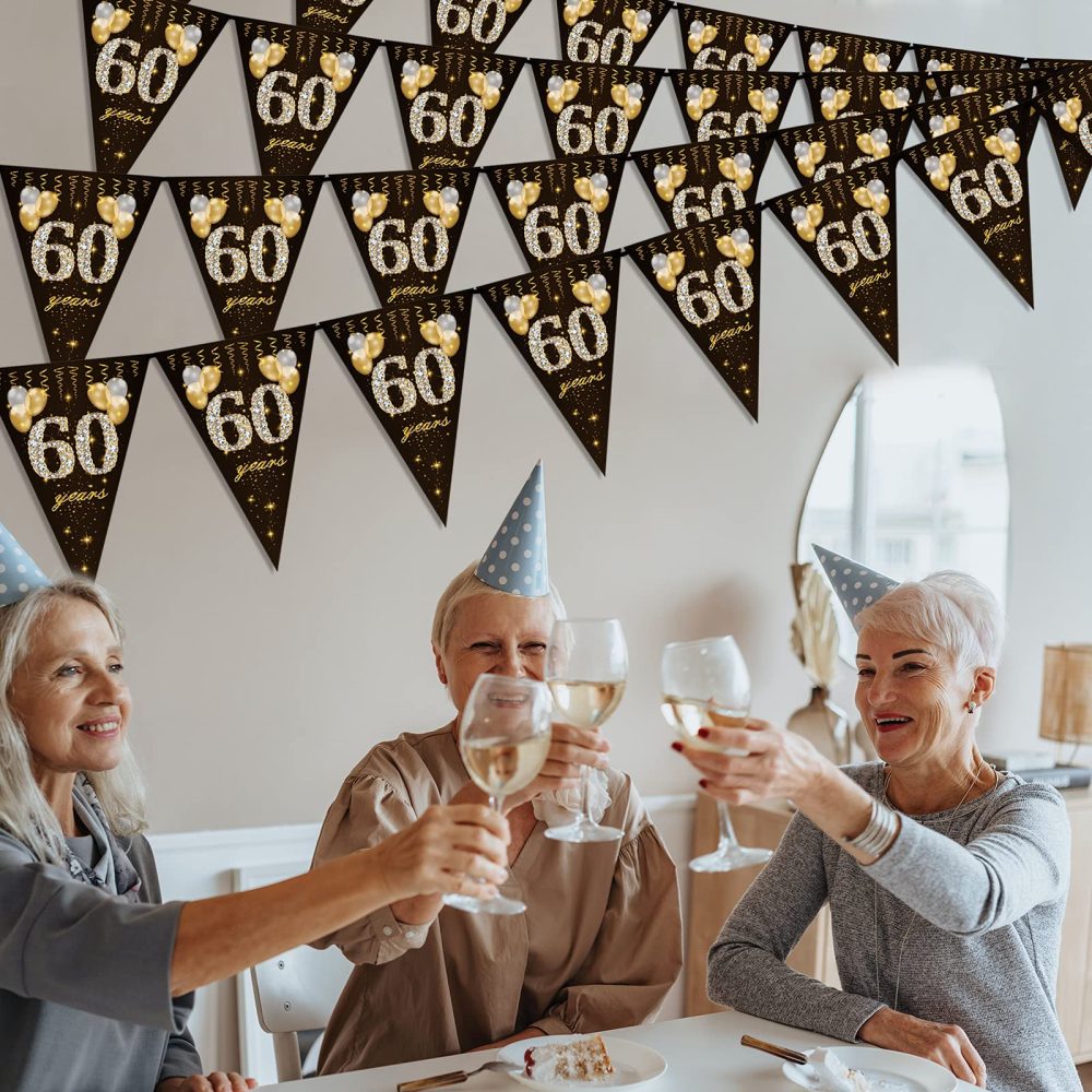 60th birthday bunting, Happy Banner Bunting Flags, 40 Pieces Triangle Gold Black Glitter Diamond by Numbers 60th Birthday Anniversary Theme Party Decoration Supplies - Image 4