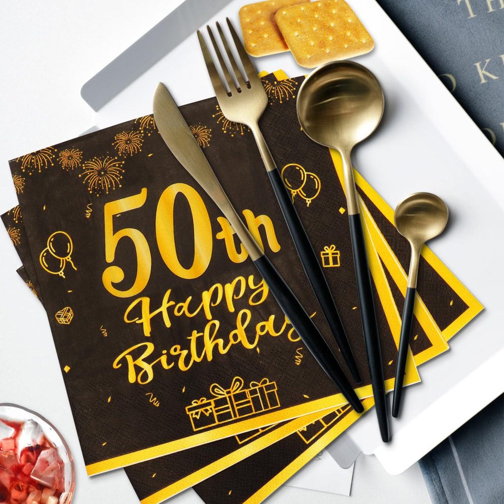 SZSMART Happy Birthday Black and Gold Napkins, 48pcs Party Napkins, Birthday Napkins Happy Birthday Decorations Paper Tissues for Men,Women Birthday Party Supplies Table Decoration (50th) - Image 4