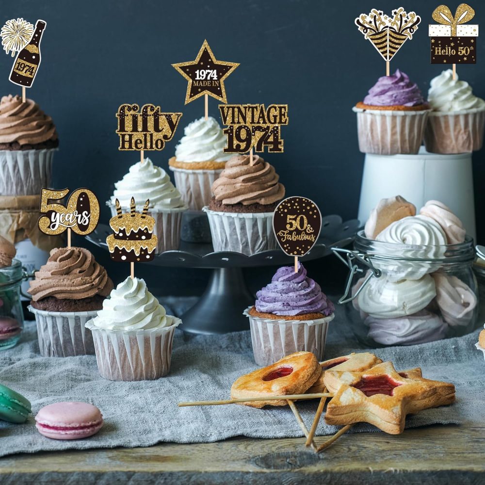 SYKYCTCY 36 Pack Vintage 1974 Cupcake Toppers cheers to 50th Birthday Cupcake Picks Hello Fifty Birthday Cupcake Decorations for Happy 50th Birthday Wedding Anniversary Party Supplies - Image 2