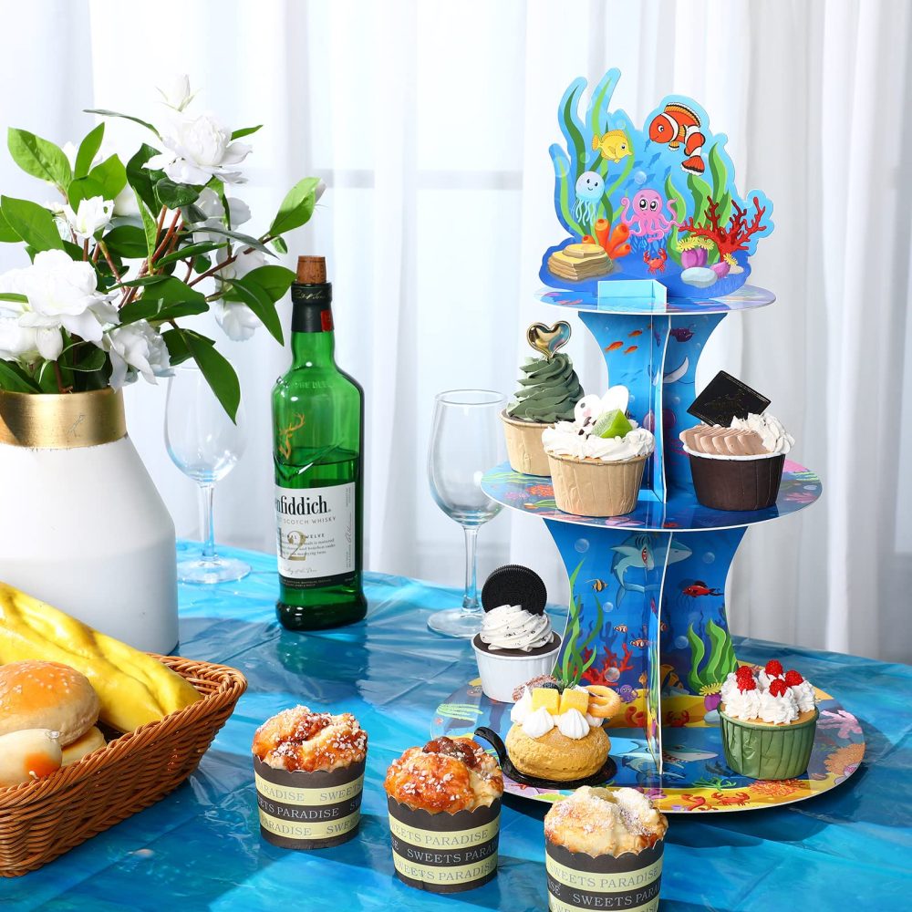 3 Tiers Under the Sea Cardboard Cupcake Stand Ocean Birthday Party Decorations Dessert Cupcake Stand Holder for Sea Creature Shark Party Tropic Fish Beach Party Baby Shower Supplies - Image 4