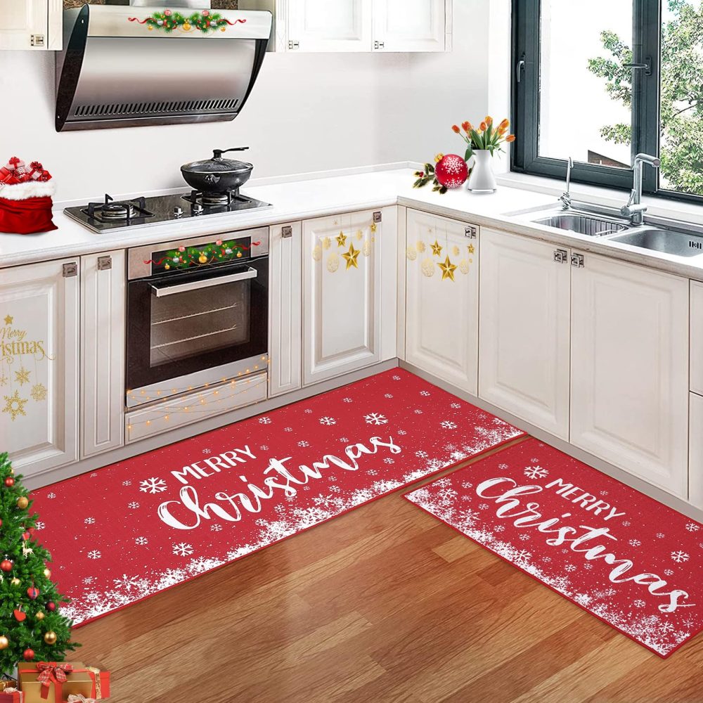 CAROMIO Merry Christmas Kitchen Rug, Linen Like Weave Christmas Snowflake Kitchen Decoration, Non-Slip Washable Kitchen Floor Mats for Winter Home Kitchen 40x60cm + 40x120cm