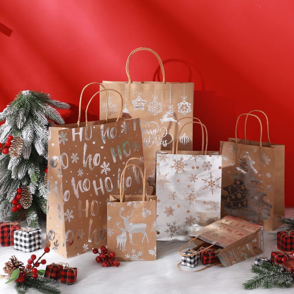 18 Pcs Christmas Kraft Paper Bag Bronzing Gift Bags Metallic Gold Gift Treat Goodie Bag Assorted Sizes Bulk Xmas Gift Wrapping Bag with Handle for Holiday New Year Party Packaging Decor (Silver) - Image 6