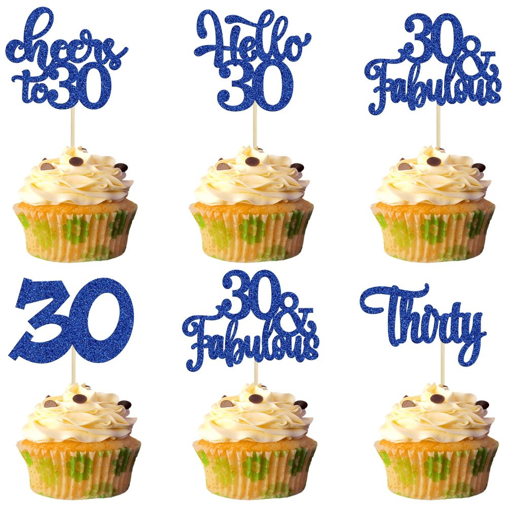 30Pcs Happy 30th Birthday Cupcake Toppers Deep Blue Glitter Thirty Cheers to 30 Birthday Cupcake Picks for Happy 30th Birthday Anniversary Party Cake Decorations Supplies