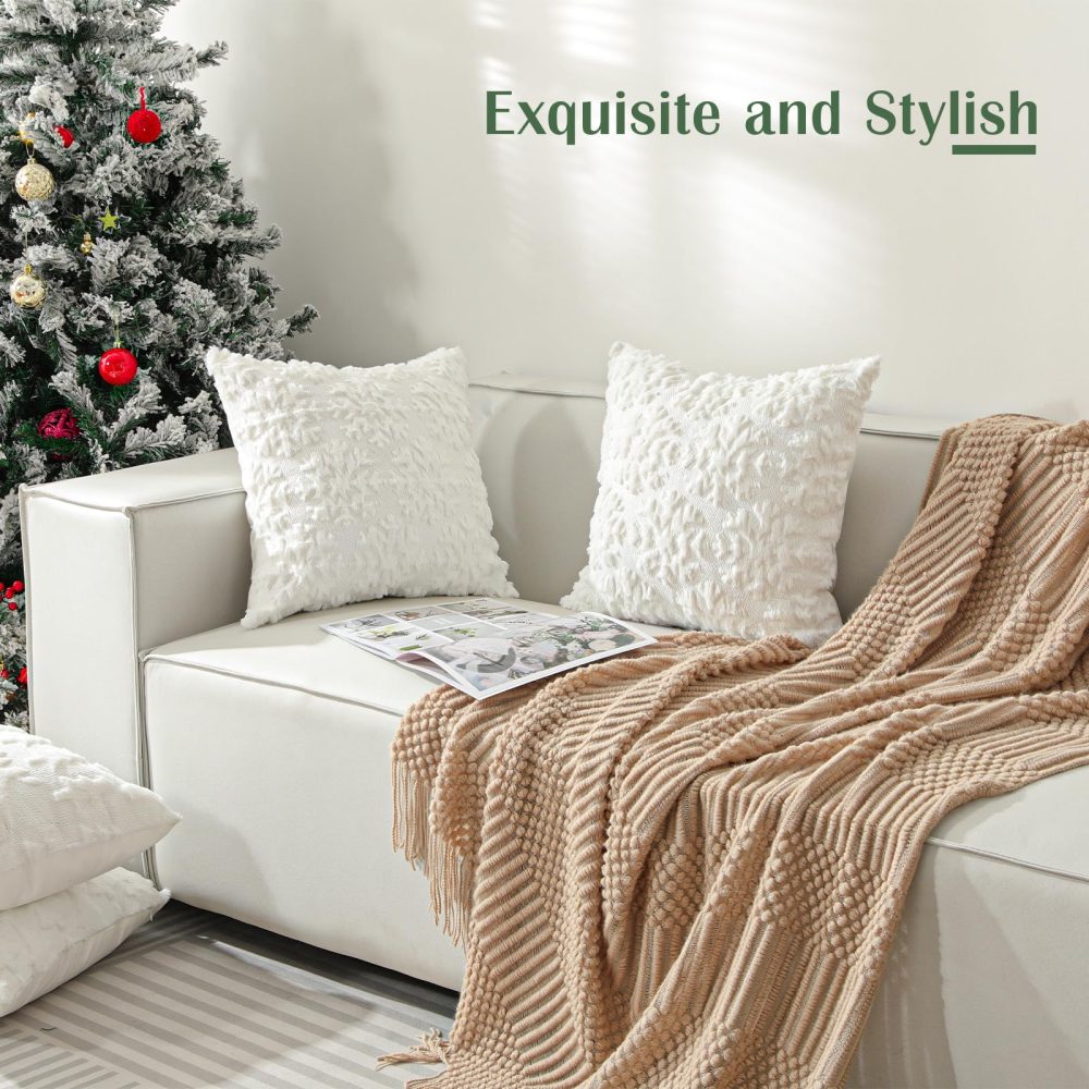 Lewondr Christmas Throw Pillow Cover 18x18, Set of 2 Super Soft Faux Fur Throw Pillow Covers Velvet 3D Snowflakes Embroidery Decorative Throw Pillowcase for Living Room Bed Couch Home Decor, White - Image 7