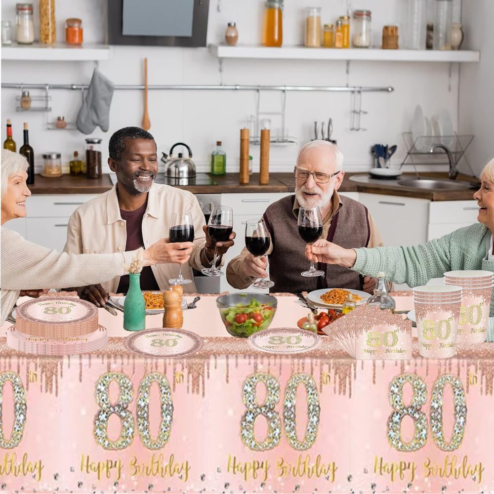 69pcs Rose Gold 80th Birthday Decorations,Happy 80th Birthday Tablecloth,Paper Plates,Napkins Serviettes and Cups Sets for 80th Birthday Table Decorations for Women,Men,Him,Her 80th Birthday Gifts - Image 5