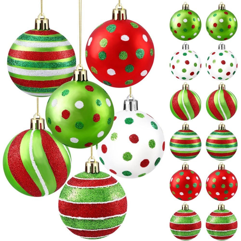 JOISHOP 18pcs Christmas Tree Baubles, 2.4 Inch Hanging Christmas Balls Ornaments Glittering Red and Green Christmas Baubles Shatterproof Balls with Strings for Xmas Tree Decorations