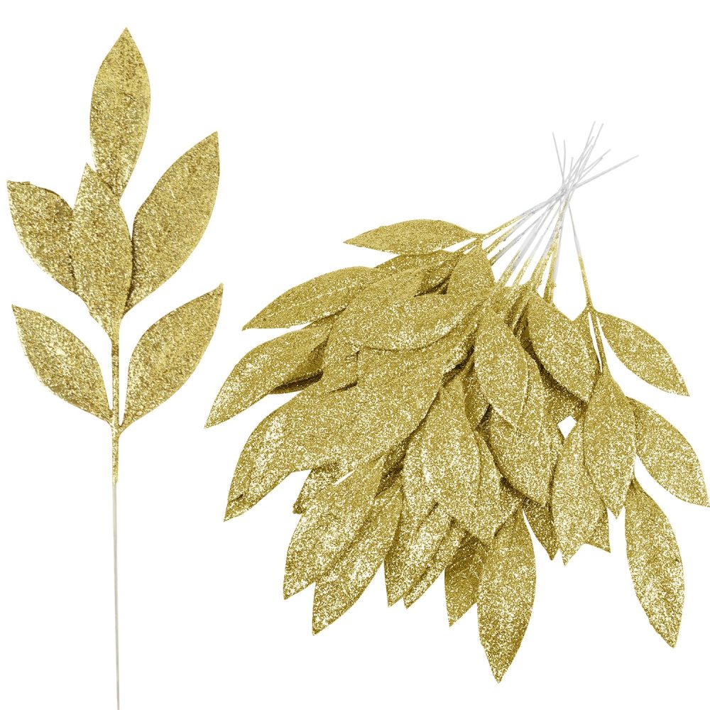 VEYLIN Christmas Glitter Bay Leaf, 12Pcs Artificial Christmas Tree Picks Sprays for Christmas Tree Wreath Floral Wedding Bouquet Decoration(Gold)