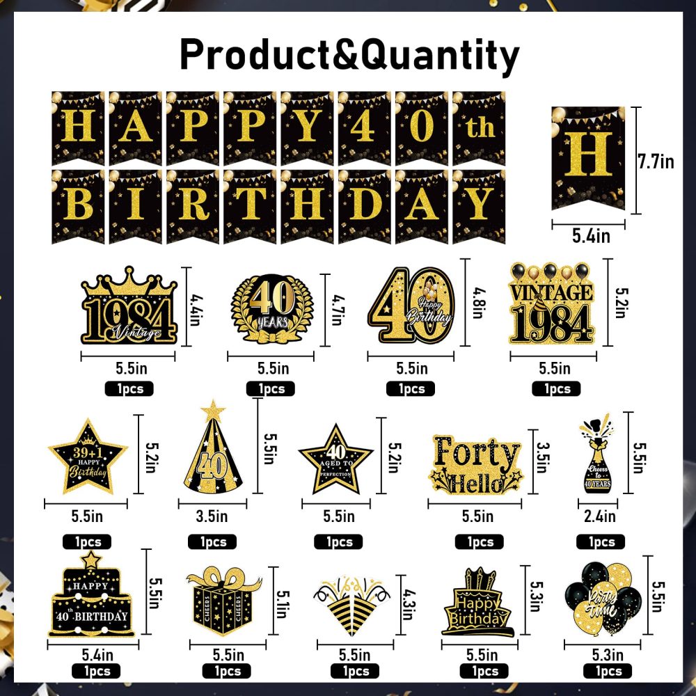 Luvart 40th Birthday Decoration - 40th Birthday Party Decorations 40th Birthday Hanging Swirls Decorations Happy 40th Birthday Banner Black Gold 1984 40th Birthday Supplies for Men Women - Image 6