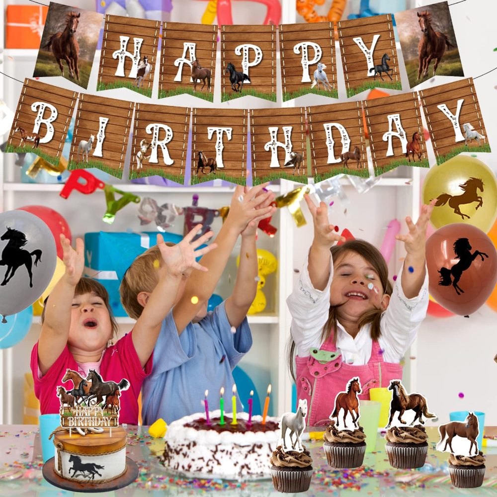 Gukasxi 44 Pieces Horse Birthday Party Decorations, Horse Theme Birthday Party Supplies with Happy Birthday Banner Set, Horse Cake Toppers and Horse Balloons, Western Cowboy Birthday Party decorations - Image 4