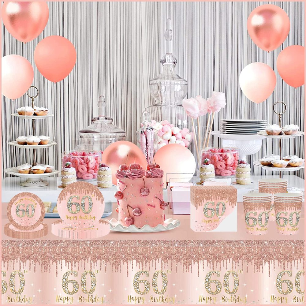 Happy 60th Birthday Paper Plates 9" Rose Gold,16Pcs Womens Birthday Party Plates Tableware,60th Birthday Decorations Plates for Women,Her 60th Birthday Party Supplies Table Decorations - Image 4