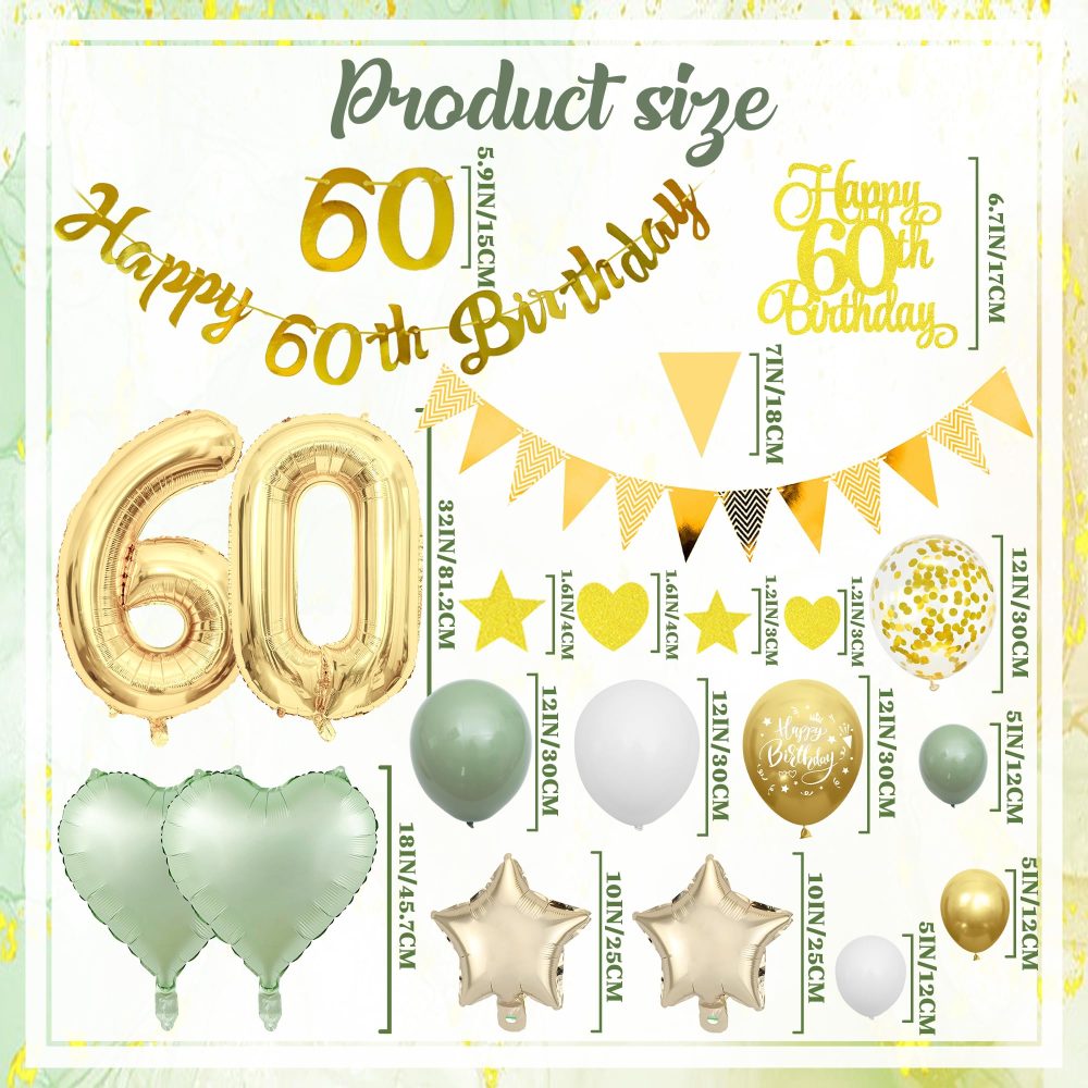 60th Birthday Decorations Women Men - Green Gold Birthday Party Decoration Balloons Set With Banners Paper Pom Confetti Latex Balloon Happy 60th Birthday Cake Toppers for 60 Years Birthday Supplies - Image 6
