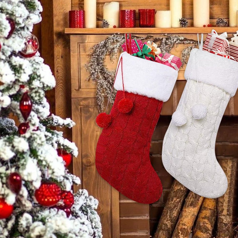 TATAFUN 2 Pack Knitted Christmas Stocking Red White Christmas Stocking Large Size Xmas Stockings Santa Stockings with Pompom for Christmas Party Decorations - Image 3