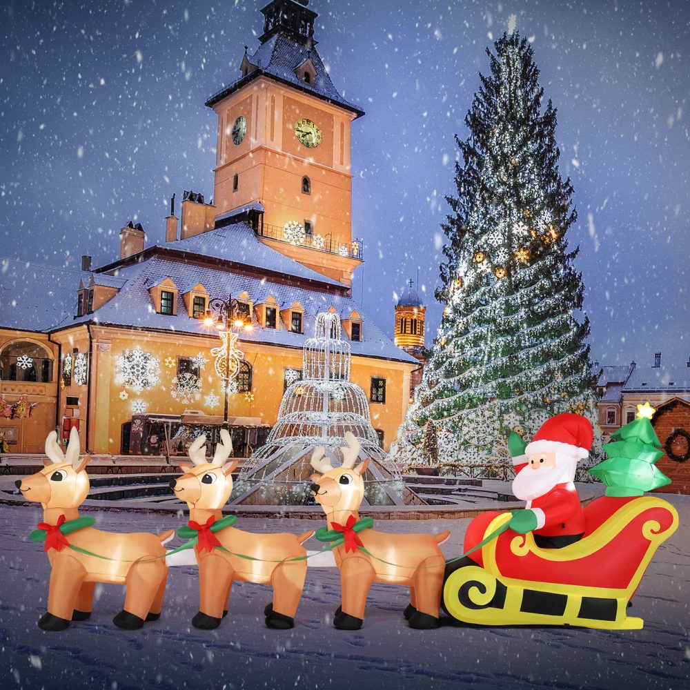 Bonnlo Lighted Inflatable Christmas Decoration, 10ft Long Blow Up Christmas Santa Claus Sleigh & Reindeer Outdoor Decorations with Secure Stakes, Electric Blower Fan for Indoor Outdoor Yard Decor - Image 8