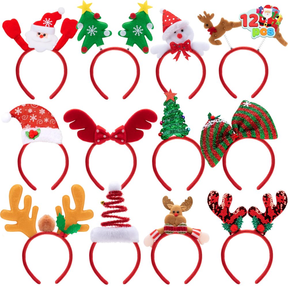 Pack of 12 Christmas Headbands with Assorted Design for Christmas Party Supplies and Party Favors (One Size Fits All)