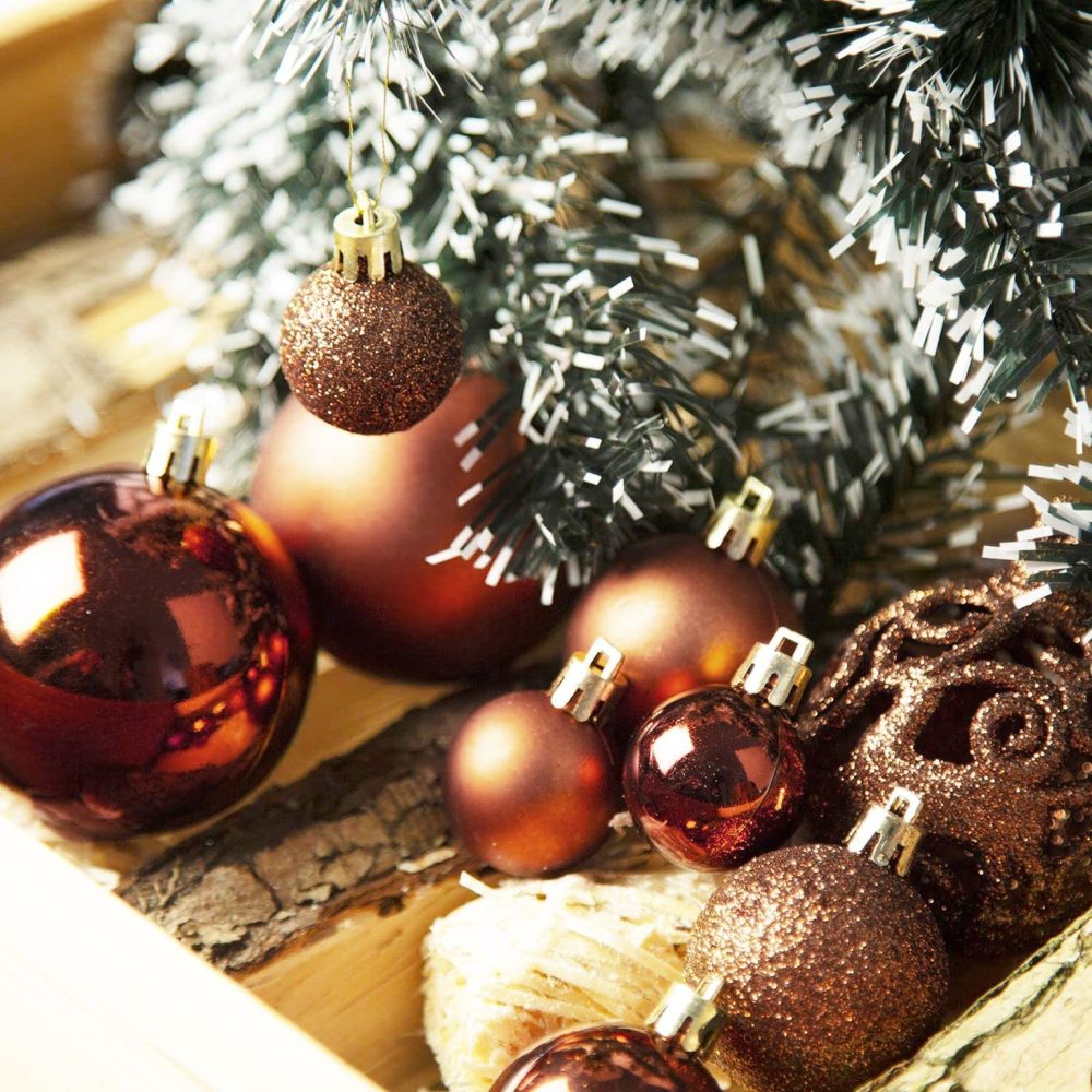 Bravich 100 Pieces Shatterproof Baubles Set. Christmas Tree Decorations Ornament Balls With Hooks & String Hanging. Home Decor 3,4 & 6 CM Baubles-Matt, Shiny & Glitter Finish-Brown - Image 3