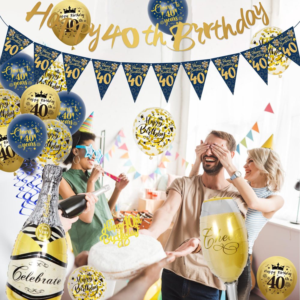 40th Birthday Decoration for Men - Blue Gold Happy 40th Birthday Banners Cake Topper Pennant Latex Balloons Wine Bottle Balloon Sash for 40th Birthday Party Supplies - Image 3