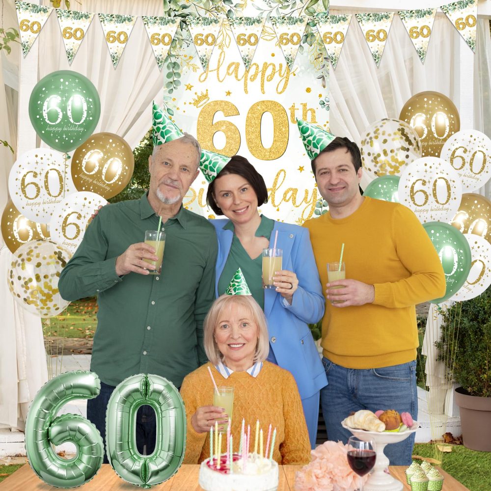 60th Birthday Party Decorations for Women Men, Sage Green Happy 60th Birthday Decorations Green Gold 60th Birthday Door Banner Number 60 Foil Balloons for 60 Year Old Birthday Party Decor Supplies - Image 5