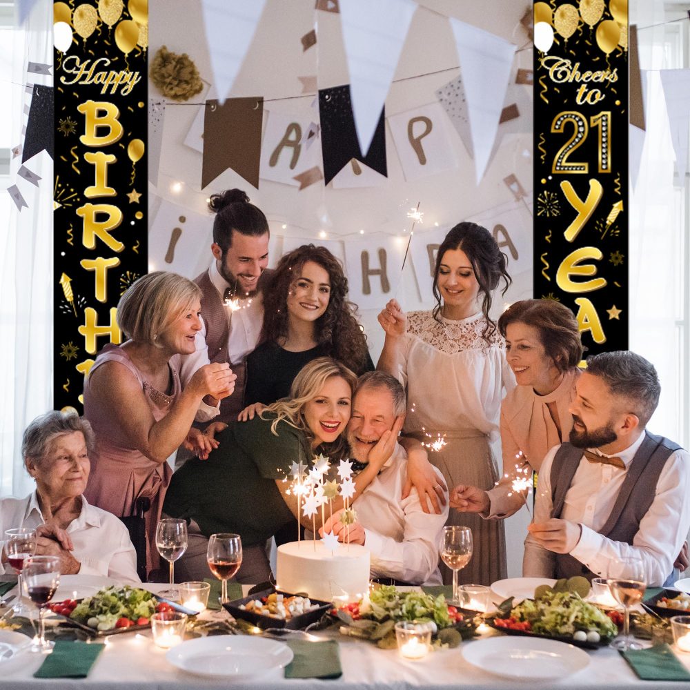 VReder 21th Happy Birthday Party Door Banner Decorations, Black Gold 21 Years Old Decoration for Boys and Girls Women Men Birthday Party (Black Gold) - Image 6