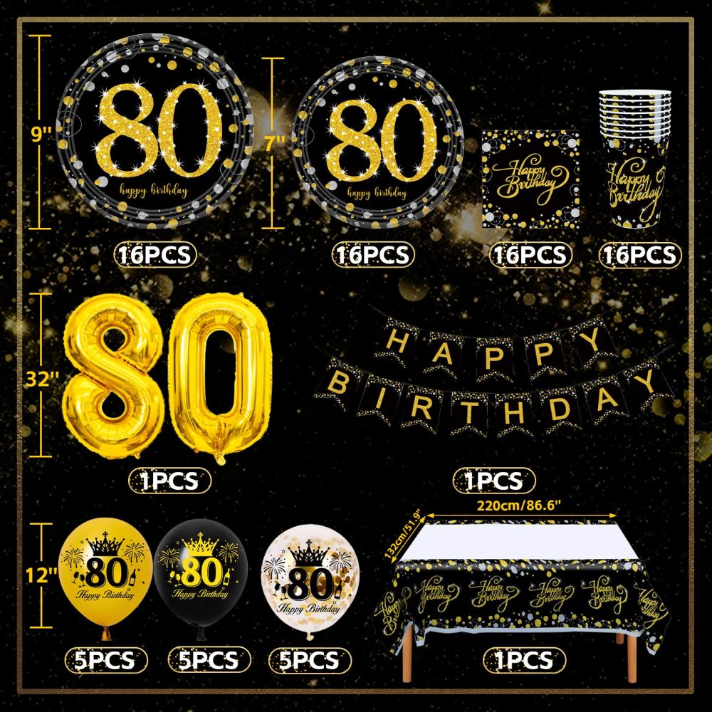 80th Birthday Decorations Party Tableware Set, Black Gold 80th Birthday Paper Party Plates Cups Napkins Tablecloth Balloons for Women Men 80th Birthday Party Decorations Table Supplies, 16 Guests - Image 7
