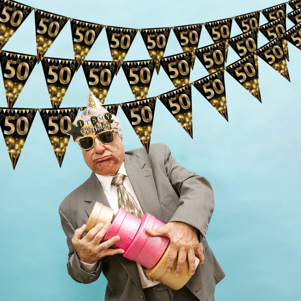 40Pcs Happy 50th Birthday Banner Bunting Flags Gold and Black Glitter 50th Birthday Anniversary Party Decoration Supplies,50th Birthday Triangle Flag Banners for Men Women - Image 5