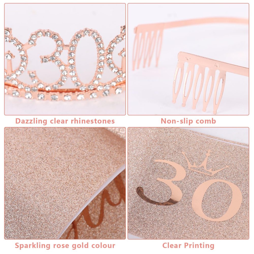Iridsmole Rose Gold 30th Birthday Decorations for Women, 30th Birthday Sash and Tiara Rhinestone Crown, Rose Gold Happy Birthday Banner, Happy 30 Birthday Cake Topper for 30th Birthday Party Supplies - Image 4