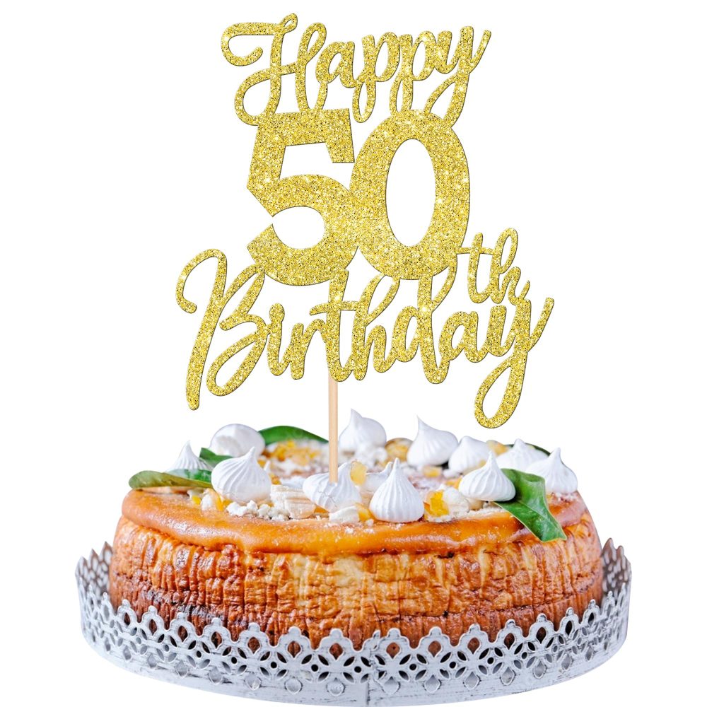 SYKYCTCY 1 Pack Happy 50th Birthday Cake Topper Gold Glitter Cheers to 50 Years Birthday Cake Pick 50 Fabulous Cake Decoration for Happy Birthday Theme Anniversary Party Supplies