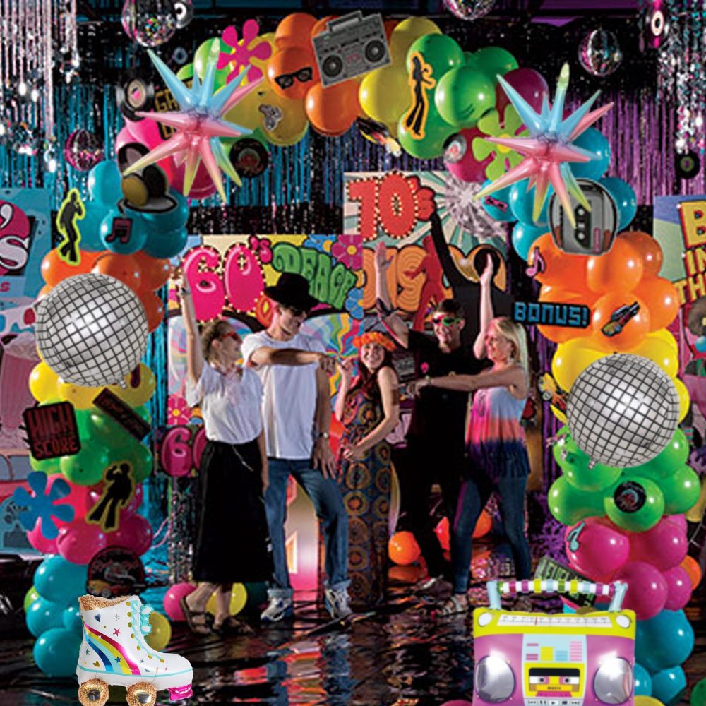 Disco Rainbow Roller Skate Balloons - 8 Pieces Disco Balloon Decoration Conjoined Exploding Star Balloons Radio Skates Foil Balloons for Men Women 80s 90s Themed Hip Hop Disco Party Balloons - Image 2