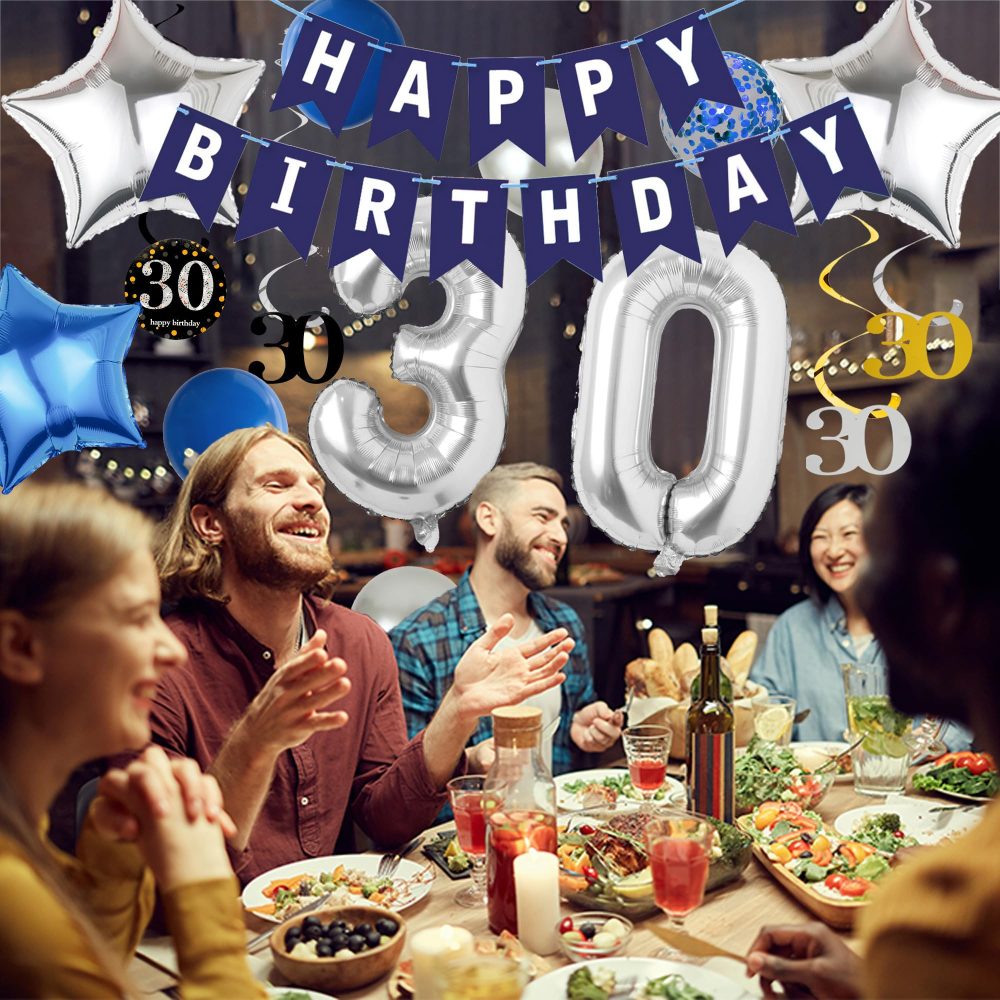 Blue Silver 30th Birthday Decorations - 53 Pieces 30th Birthday Party Decor Happy Birthday Banner Number 30 Foil Balloon Swirl Latex Balloons Cake Topper for Men Women 30th Birthday Party Supplies - Image 3