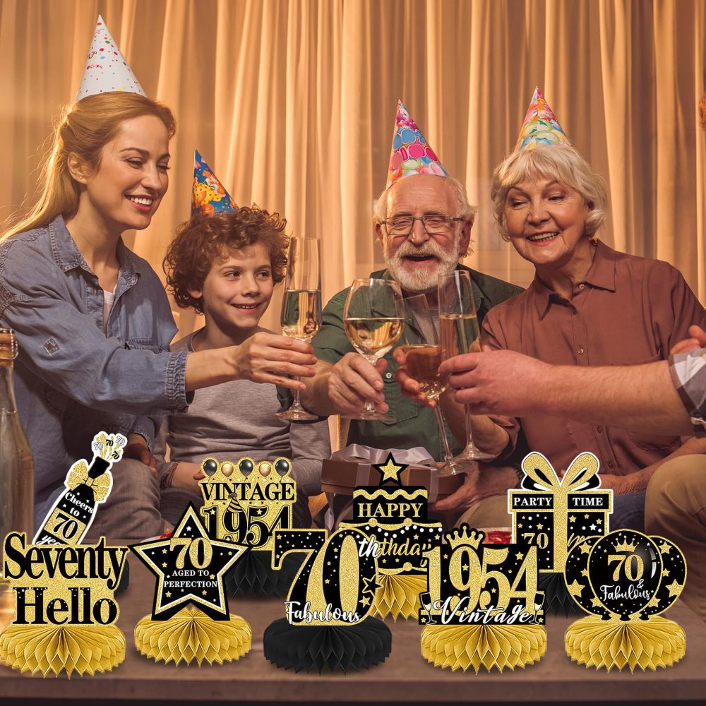 Luvart 70th Birthday Decorations-Black and Gold Table Decorations for Birthday Party 9pcs 70th Birthday Decorations for Men Women Honeycomb Center Decor with Vintage 1954 Birthday Party Supplies - Image 3