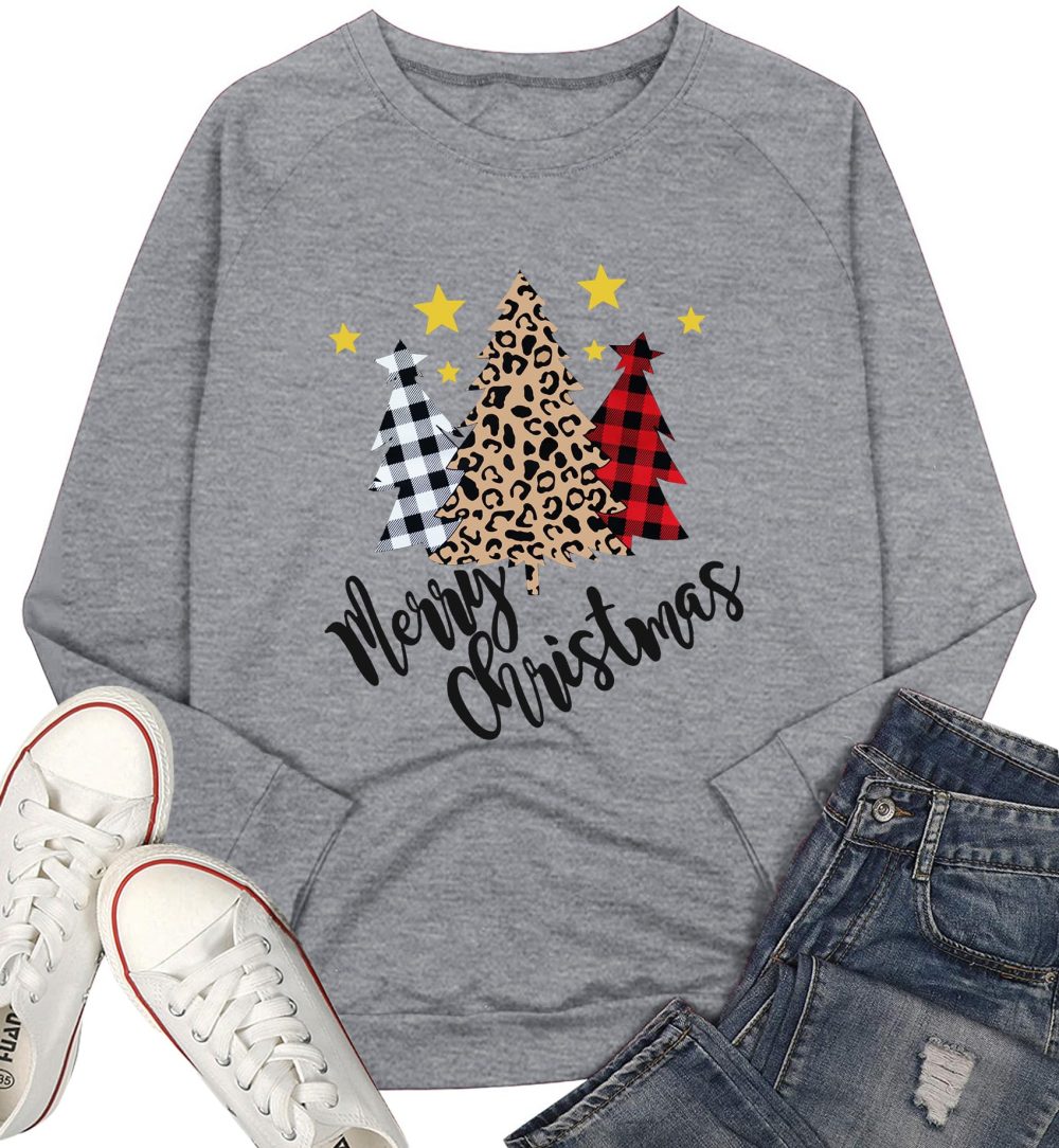hohololo Christmas Tree Sweatshirt Womens Leopard Plaid Christmas Shirts Xmas Drop Shoulder Long Sleeve Holiday Pullover Tops - Image 5