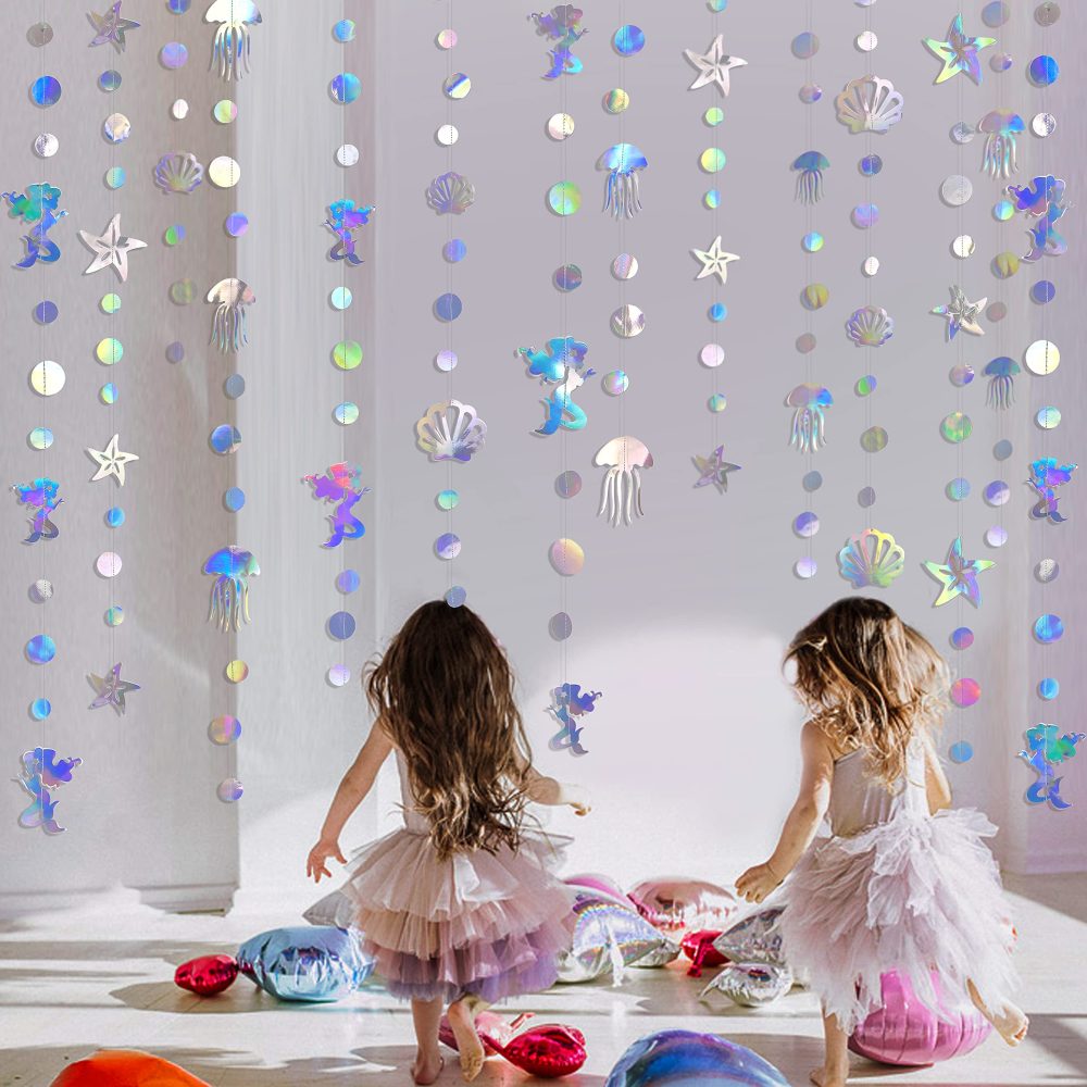 52Ft Iridescent Mermaid Party Decorations Bubble Pearl Starfish Seashell Jellyfish Garland Holographic Paper Bunting Streamers for Kids Birthday Baby Shower Ocean Little Mermaid Under The Sea Decor - Image 4