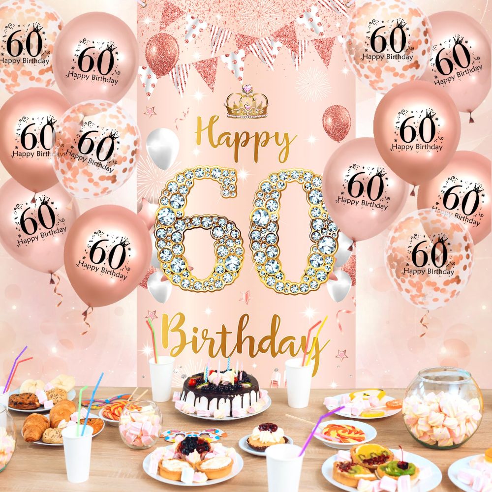 Rose Gold 60th Birthday Decorations Banner for Women, Happy 60th Birthday Door Banner with 18pcs 60th Balloons for Women 60th Birthday Anniversary Party Backdrop Decor Supplies Sign Porch Background - Image 7