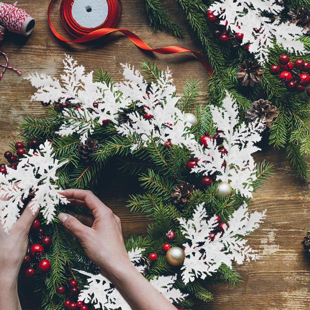 VEYLIN 10 Pcs Artificial Christmas Leaves Picks, White Glitter Leaves for Xmas Tree Wreath Festival Decoration - Image 7
