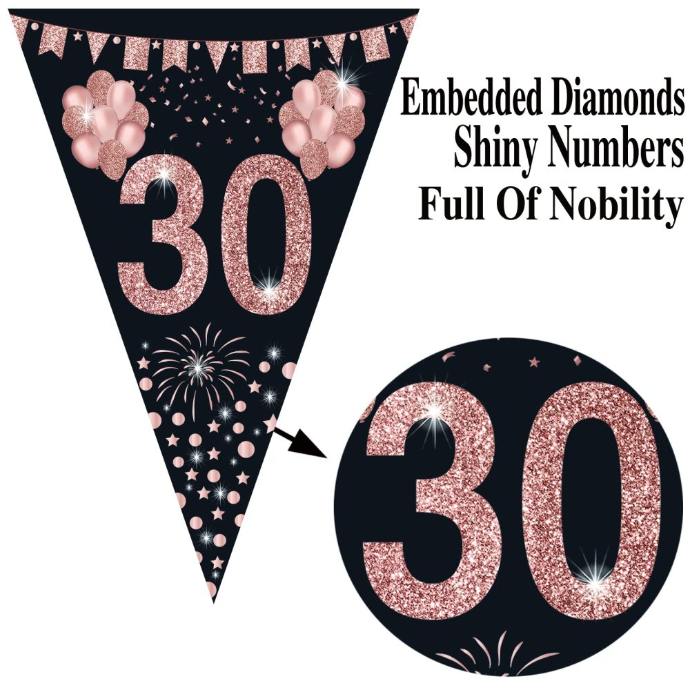 30th Birthday Bunting, Happy Banner Bunting Flags, 40 Pieces Triangle Rose Gold Glitter Diamond by Numbers 30th Birthday Anniversary Theme Party Decoration Supplies - Image 5