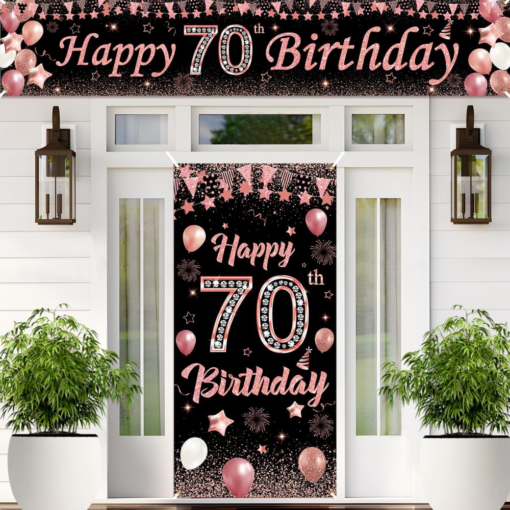 70th Birthday Decorations Banner for Women, Black Rose Gold 70th Birthday Banner with 70th Birthday Door Banner Porch Banner Sign for 70th Birthday Anniversary Party Supplies Indoor Outdoor Decor