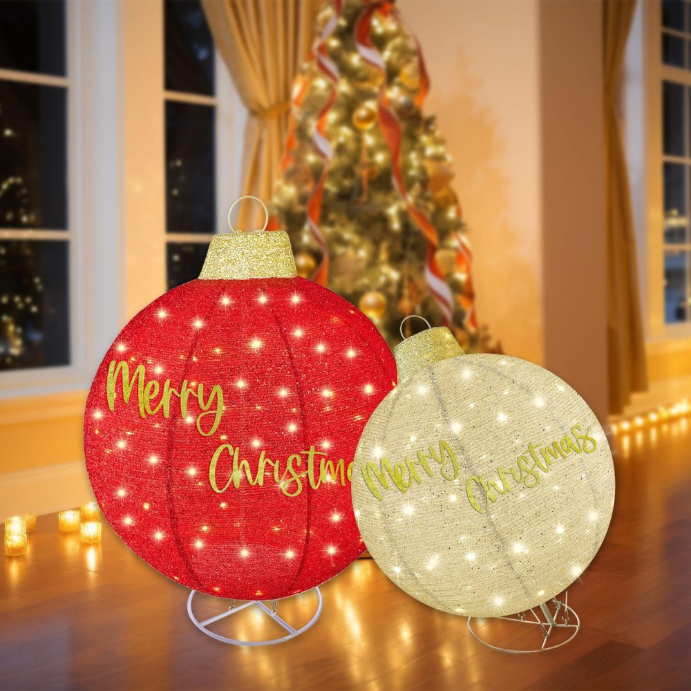 2pc Large Outdoor Christmas Ornament Set - HOYECHI Oversized Christmas Decorations Outside Pop-Up Balls, Light Up Large Balls Holiday Decor with 200 LED Lights,8 Light Functions - Red/Gold - Image 2